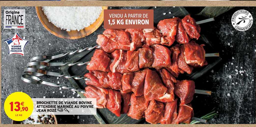 brochette de viande bovine attendrie marinée au poivre jean rozé