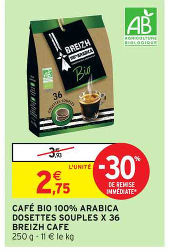 café bio 100% arabica dosettes souples x36 breizh café