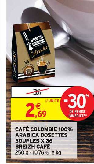 café colombie 100% arabica dosettes souples x36 breizh café