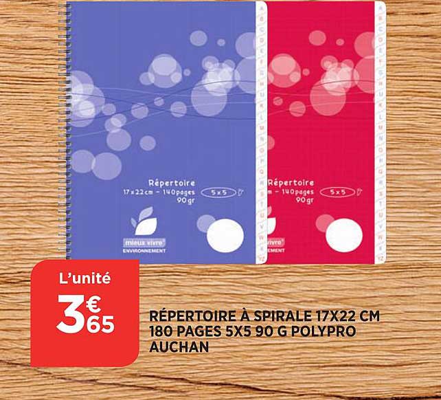 répertoire à spirale 17x22 cm 180 pages 5x5 90 g polypro auchan