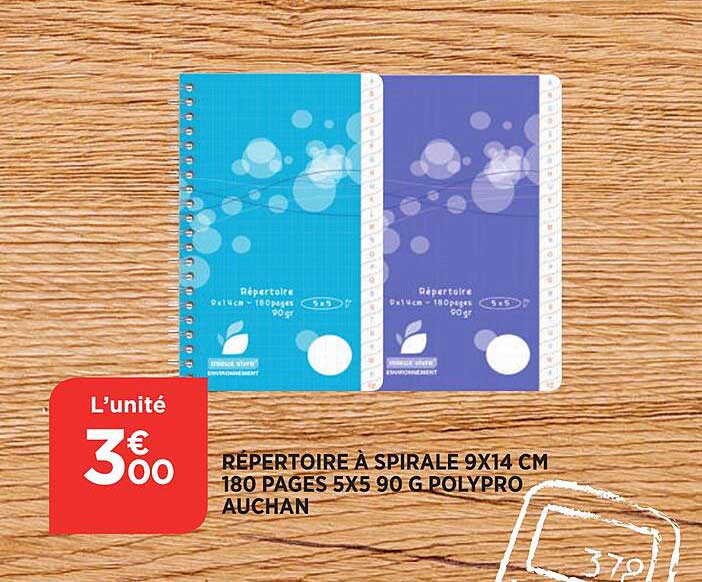 répertoire à spriral 9x14 cm 180 pages 5x5 90 g polypro auchan