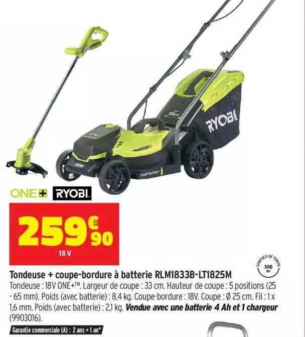 tondeuse + coupe-bordure à batterie rlm1833b-lt1825m one+ ryobi