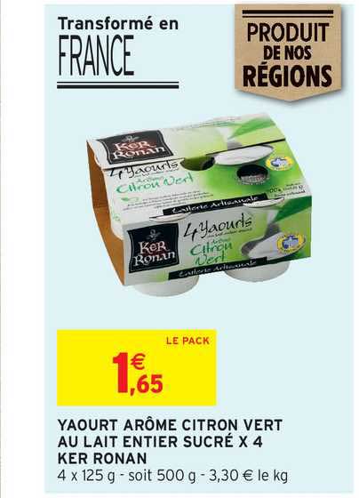 yaourt arôme citron vert au lait entier sucré x4 ker ronan
