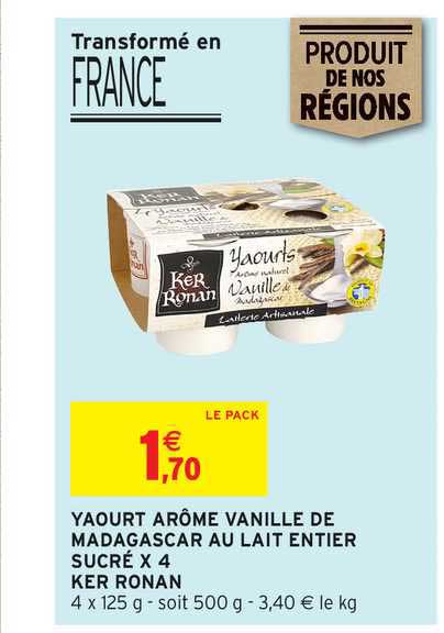 yaourt arôme vanille de madagascar au lait entier sucré x4 ker ronan