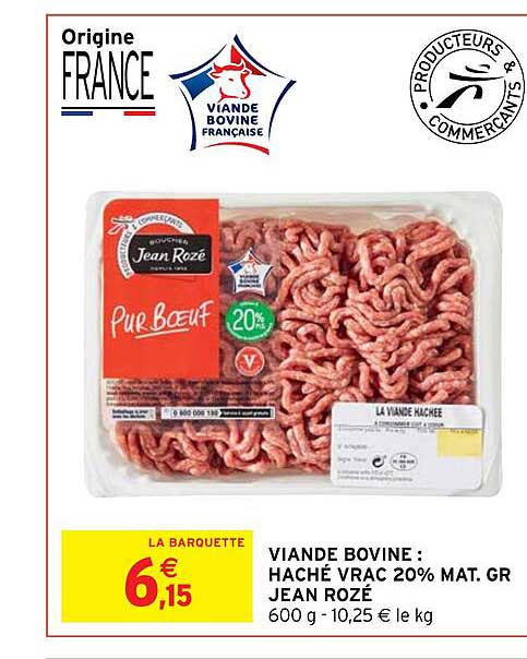 viande bovine : haché vrac 20% mat.gr. jean rozé