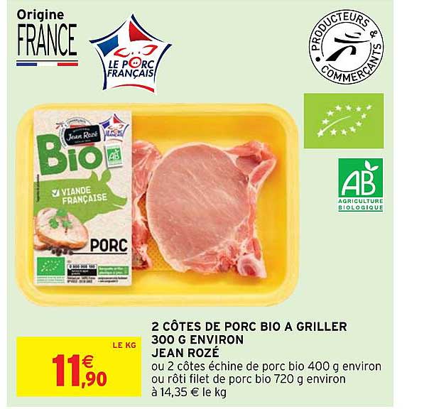2 côtes de porc bio à griller 300 g environ jean rozé
