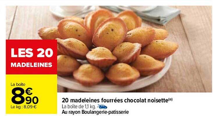 20 Madeleines Fourrées Chocolat Noisette