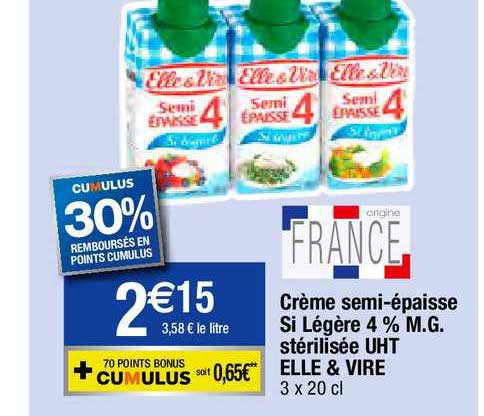 crème semi-épaisse si légère 4% m.g. stérilisée uht elle & vire