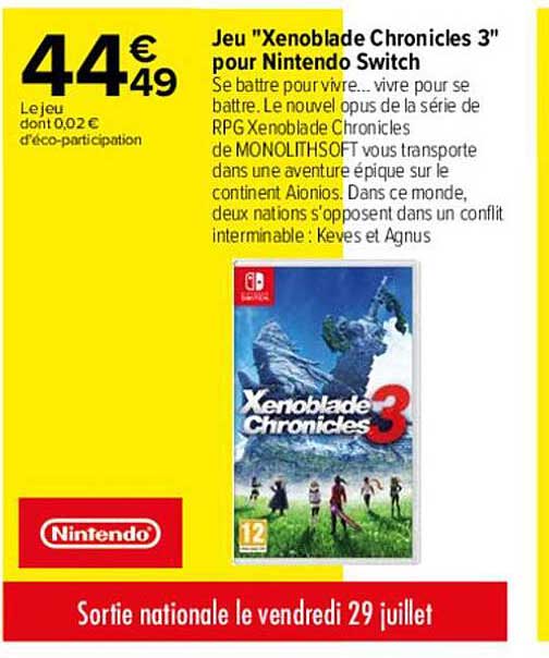 jeu "xenoblade chronicles 3" pour nintendo switch