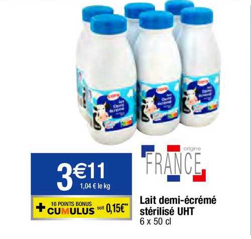 lait demi-écrémé stérilisé uht cora
