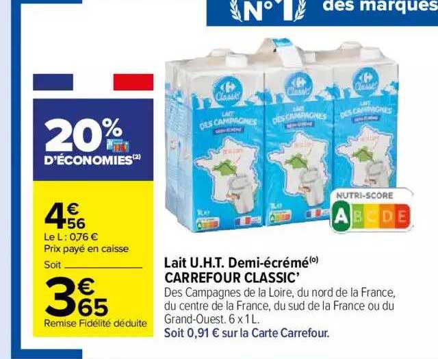 lait u.h.t. demi-écrémé carrefour classic'