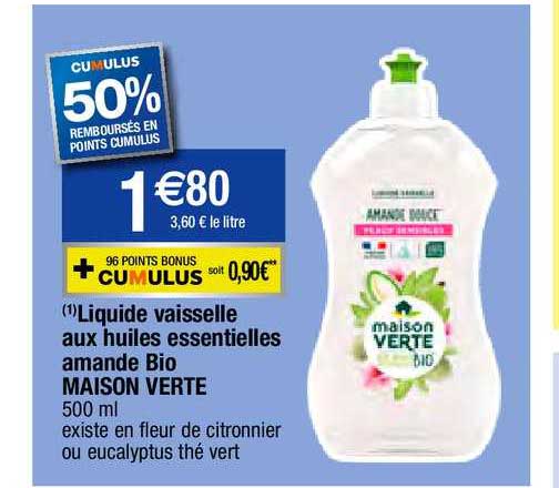 liquide vaisselle aux huiles essentielles amande bio maison verte