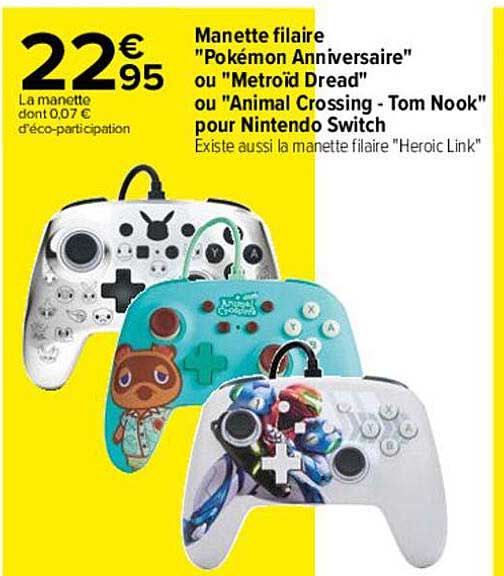 manette filaire "pokémon anniversaire" ou "metroïd dread" ou "animal crossing - tom nook" pour nintendo switch