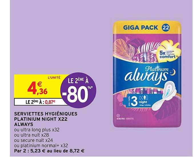 serviettes hygiéniques platinium night x22 always