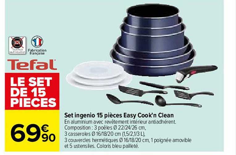 set ingenio 15 pièces easy cook'n clean tefal