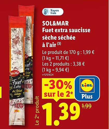 SOL&MAR Fuet extra saucisse sèche séchée à l'air