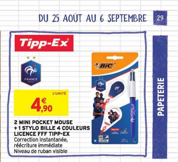 2 Mini Pocket Mouse + 1 Stylo Bille 4 Couleurs Licence Fff Tipp Ex