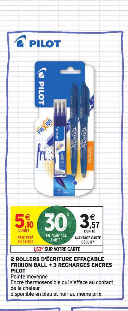 2 rollers d'écriture effaçable frixion ball + 3 recharges encres pilot