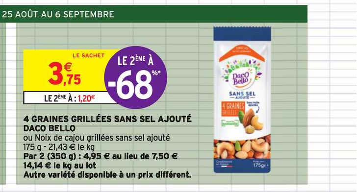 4 graines grillées sans sel ajouté daco bello  le 2e à -68%