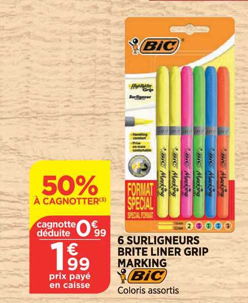 6 surligneurs brite liner grip marking bic