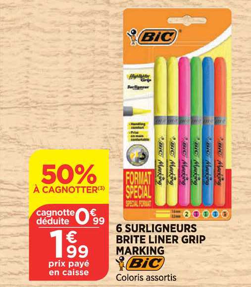 6 surligneurs brite liner grip marking bic