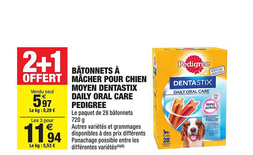 bâtonnets à mâcher pour chien moyen dentastix daily oral care pedigree 2+1 offert