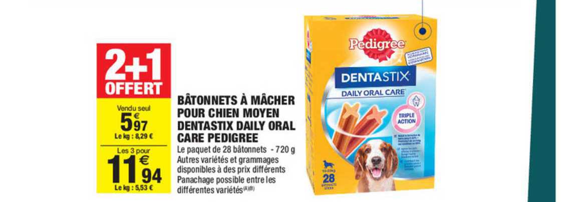 Bâtonnets à Mâcher Pour Chien Moyen Dentastix Daily Oral Care Pedigree 2+1 Offert