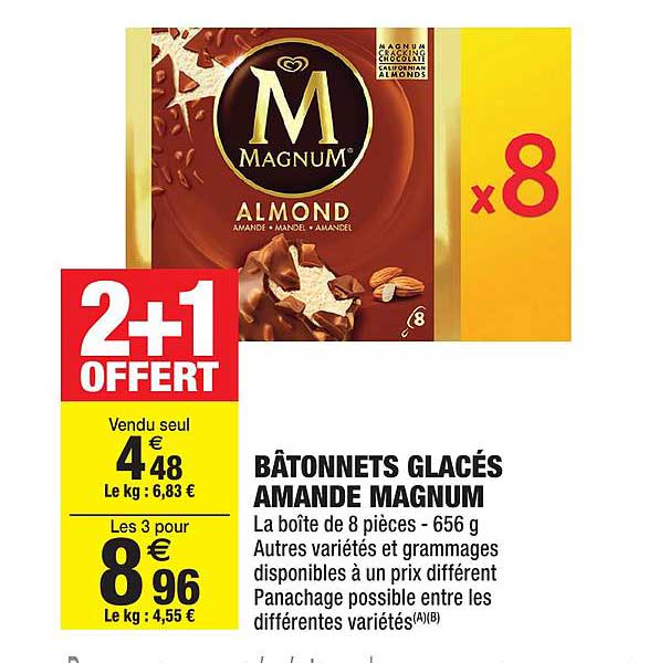 Bâtonnets Glacés Amande Magnum 2+1 Offert