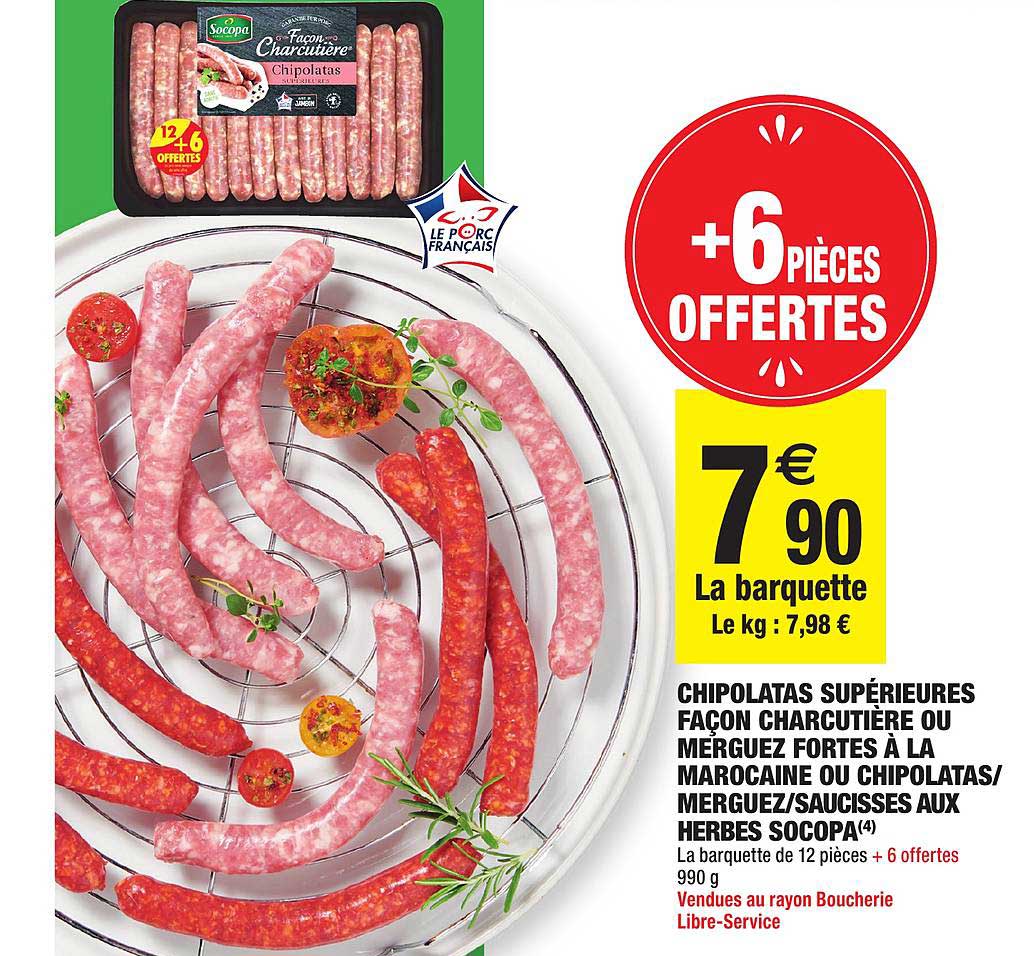 chipolatas supérieures façon charcutière ou merguez fortes à la marocaine ou chipolatas merguez saucisses aux herbes socopa