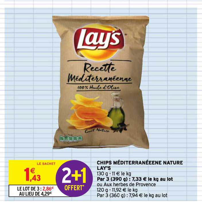 Chips Méditerranéenne Nature Lay's 2+1 Offert
