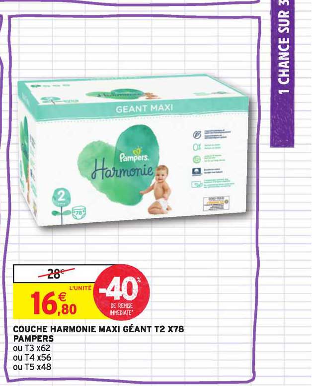 couche harmonie maxi géant t2 x76 pampers