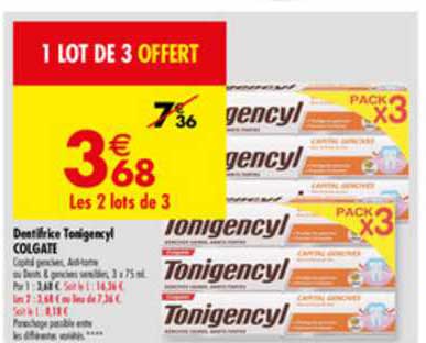 Dentifrice Tonigencyl Colgate 1 Lot De 3 Offert
