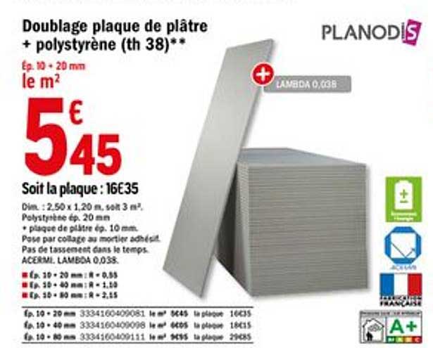 doublage plaque de plâtre + polystyrène th 38 planodis