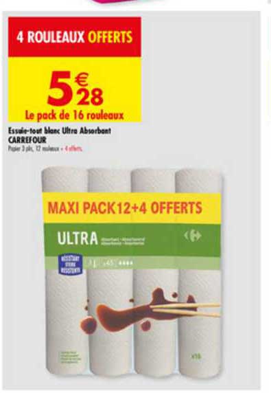 essuie tout blanc ultra absorbant carrefour 12+4 offerts