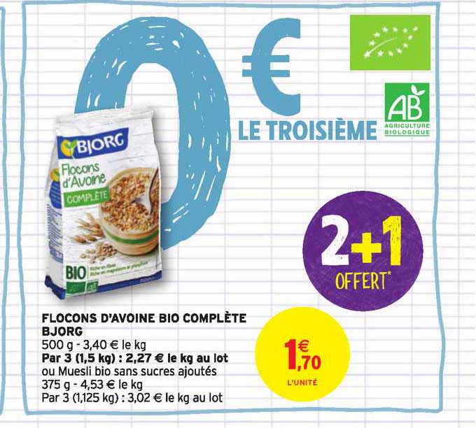 Flocons D'avoine Bjorg Bio Complète 2+1 Offert