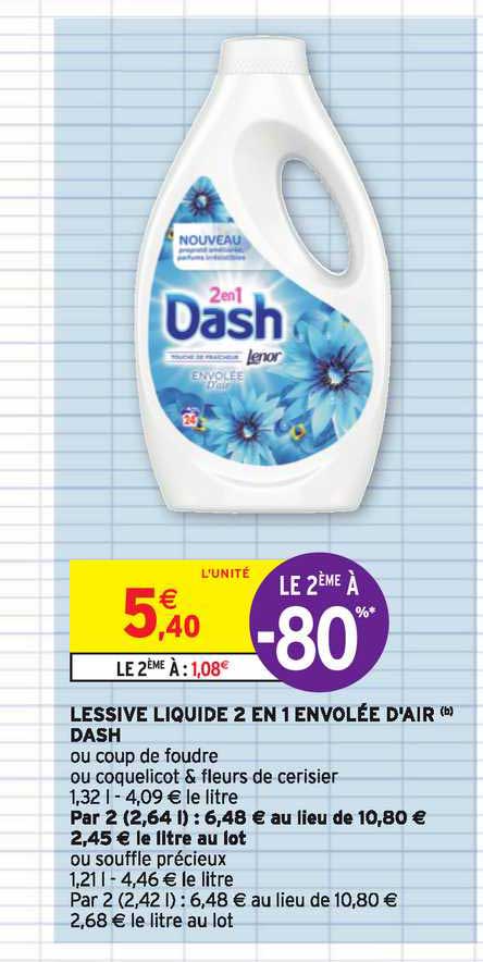 lessive liquide 2en1 envolée d air dash le 2e à -80%