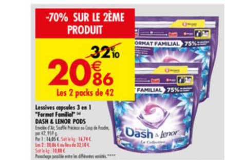 lessives capsules 3 en 1 format familial dash & lenor pods -70% sur le 2ème produit