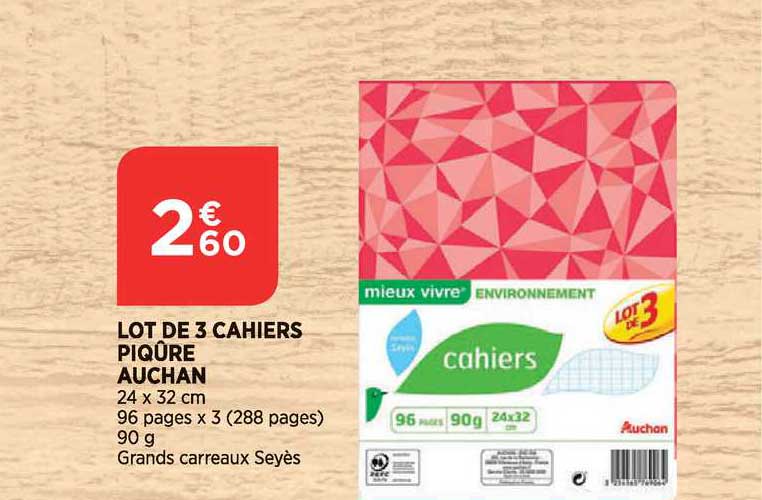 Lot De 3 Cahiers Piqûre Auchan