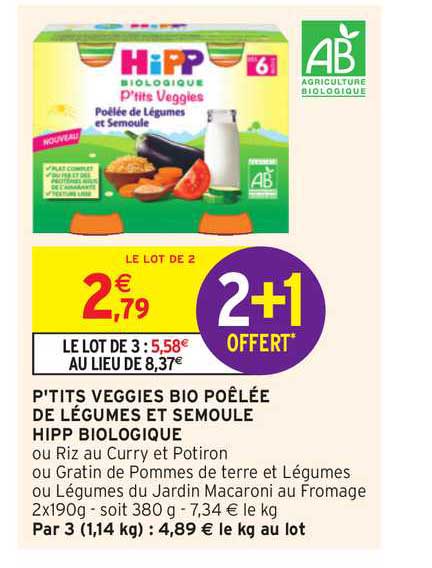 ptits veggies bio poëlée de légumes et semoule hipp biologique 2+1 offert