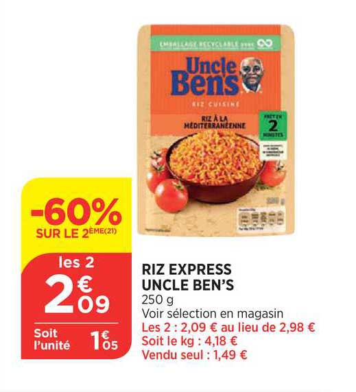riz express uncle ben's -60% sur le 2ème
