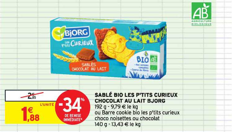 sablé bio les ptits curieux chocolat au lait bjorg -34% de remise immédiate
