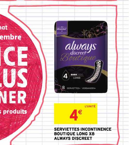 serviettes incontinence boutique long x8 always discreet