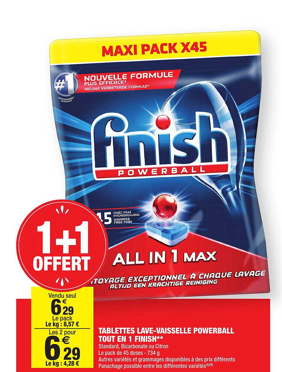 tablettes lave vaisselle powerball finish tout en 1 1+1 offert