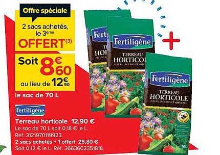 terreau horticole fertiligène 2 sacs achetés, le 3ème offert