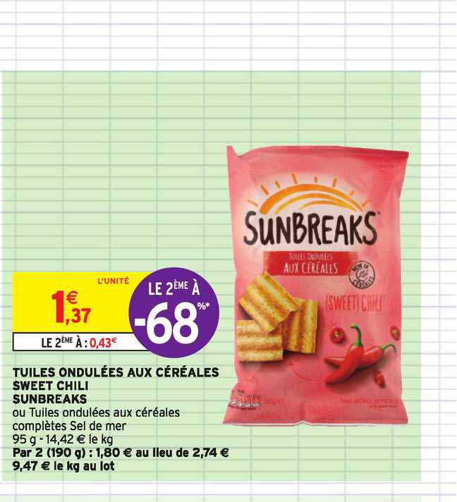 tuiles ondulées aux céréales sweet chili sunbreaks  le 2e à -68%