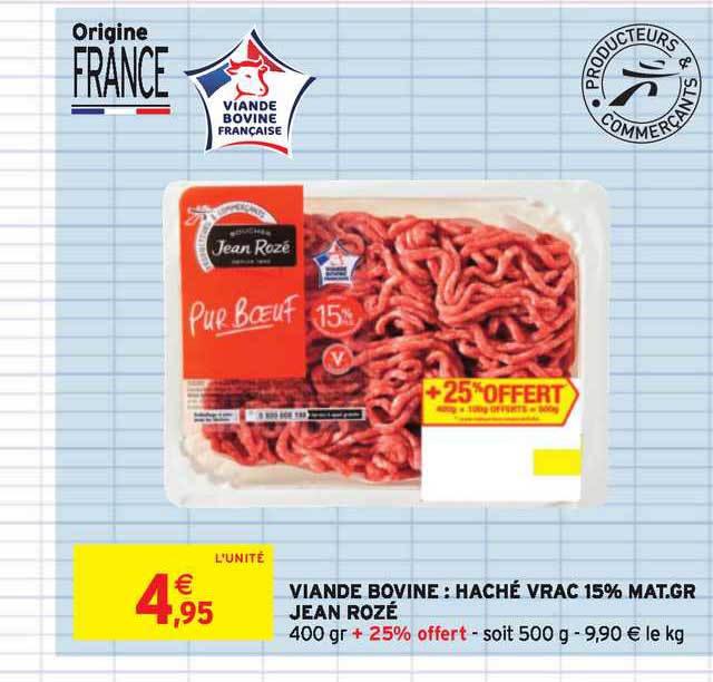 viande bovine haché vrac 15% m.g. jean rozé