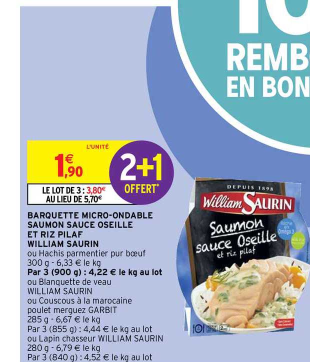 barquette micro-ondable saumon sauce oseille et riz pilaf william saurin 2+1 offert