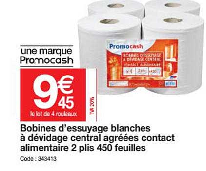 bobines d'essuyage blanche à dévidage central agréées contact alimentaire 2 plis 450 feuilles