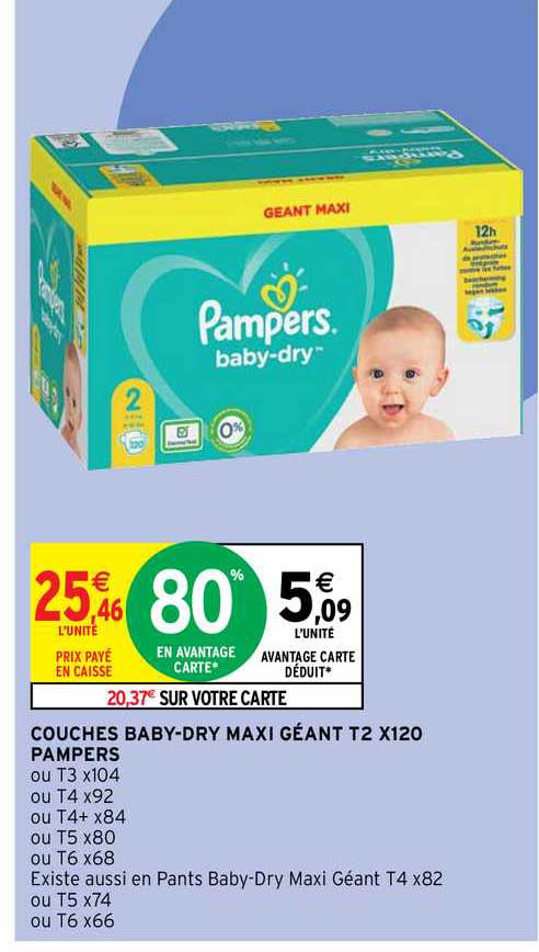 couches baby-dry maxi géant t2 x120 pampers