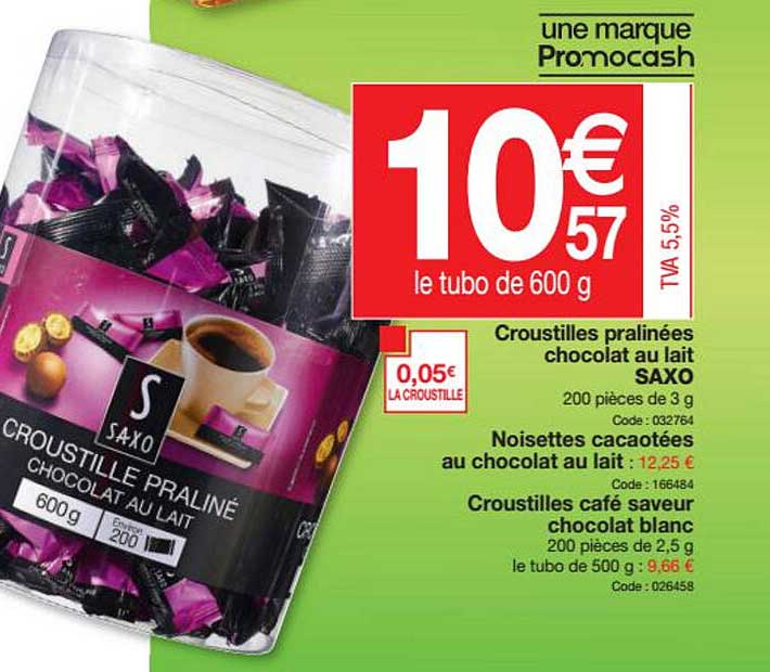 croustilles pralinées chocolat au lait saxo, noisettes cacaotées au chocolat au lait, croustilles café saveur chocolat blanc